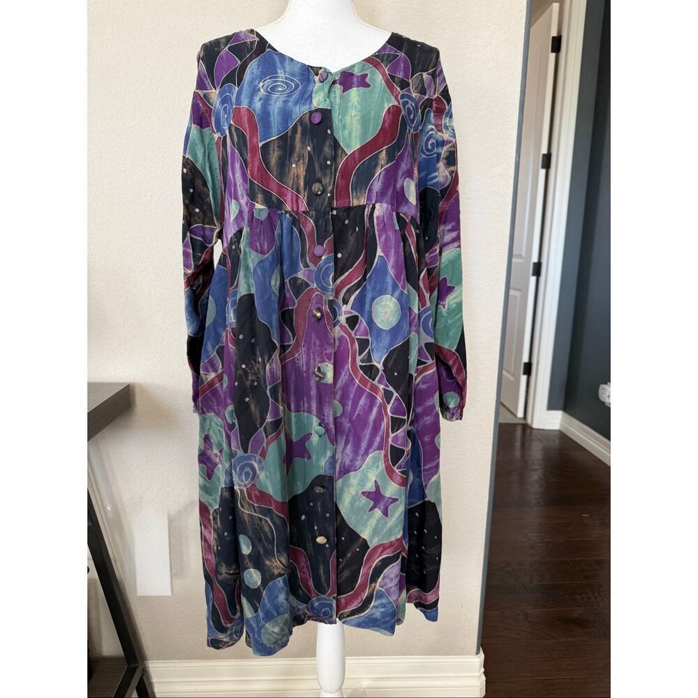 90’s Abstract Art Teacher Rayon Button Down Dress L/XL